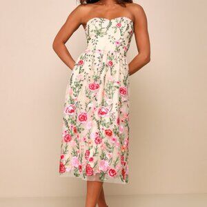Lulus Endless Praise Beige Floral Embroidered Strapless Midi Dress - Size XXL